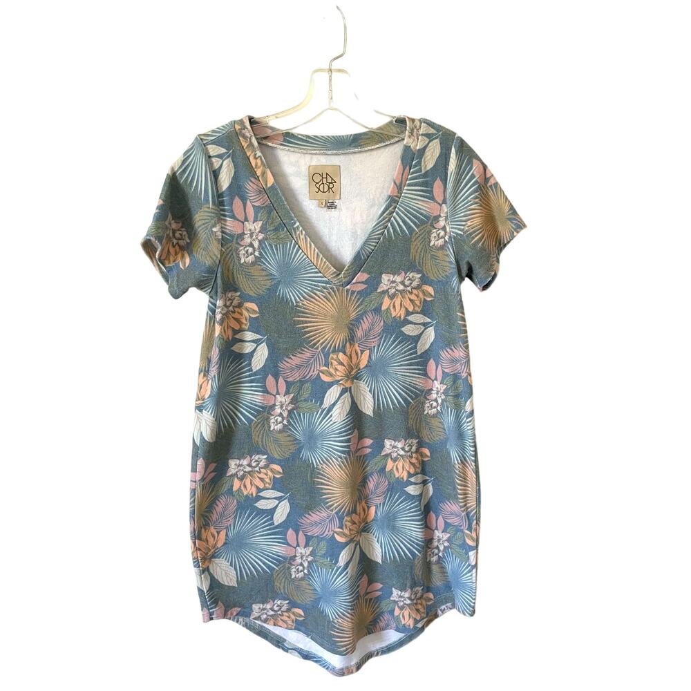 Chasor Floral Beach Terry Cloth V-Neck Mini Dress Blue Green Size Small